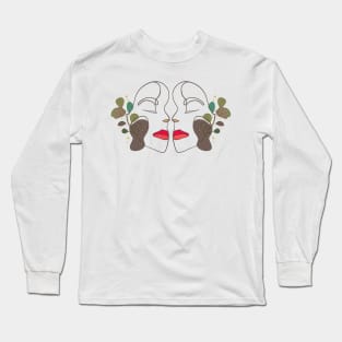 Two halves of abstract, linear women's faces facing each other. Linear and abstract art. Long Sleeve T-Shirt